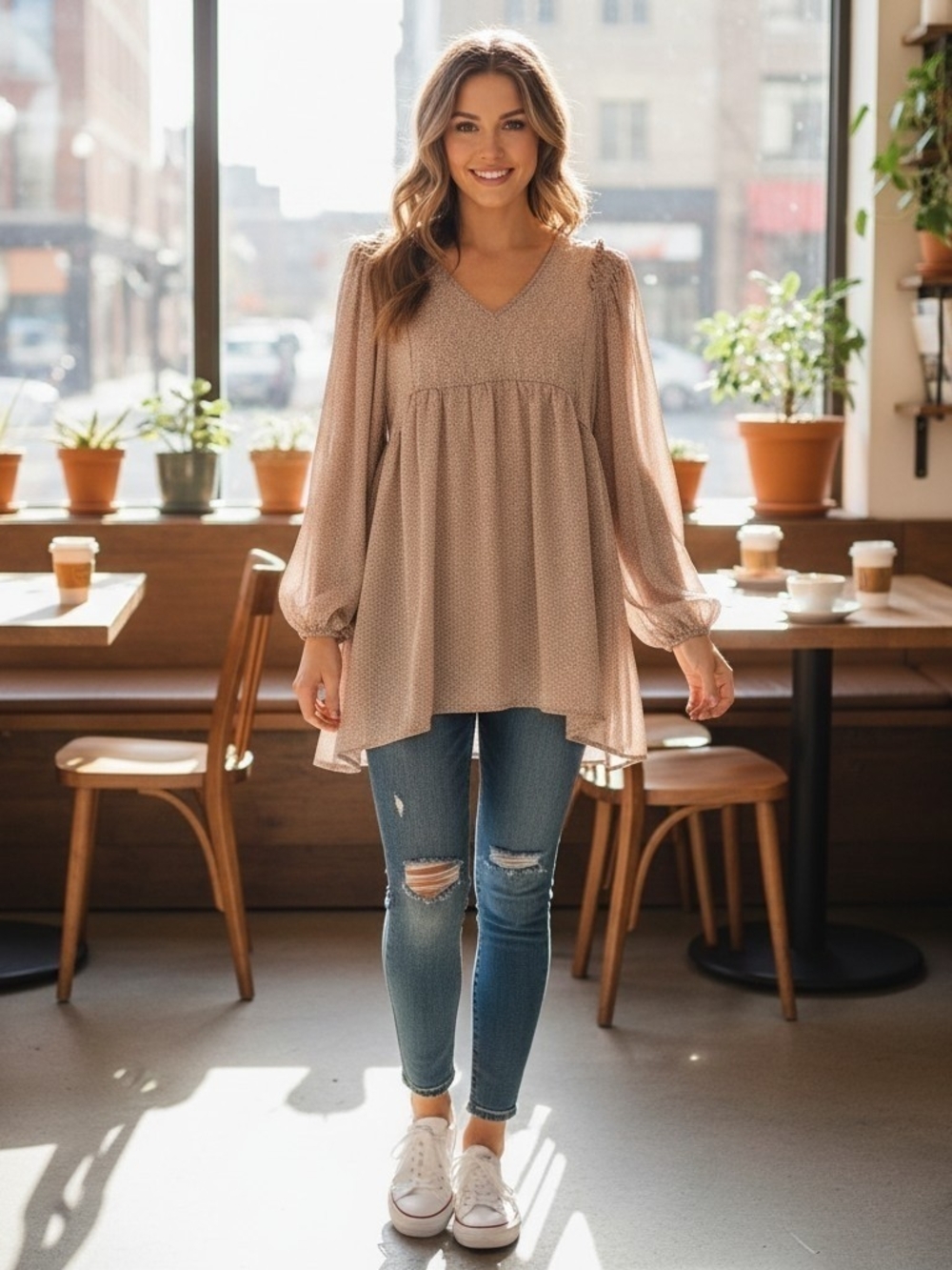 Mittoshop Boho Balloon Sleeve Ruffle Tunic Babydoll Blouse Sz Large